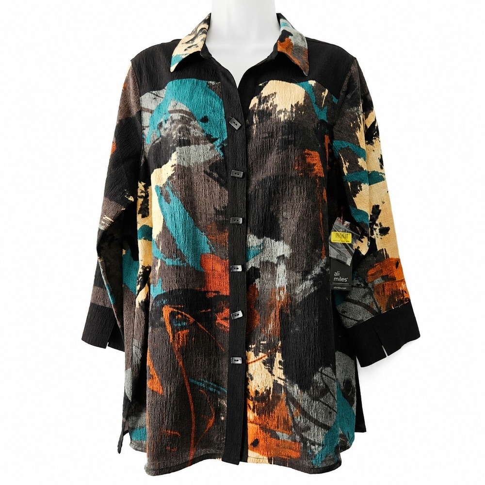 NWT Ali Miles Button Up Top Womens L Multi Abstract Crinkle Lagenlook Festival